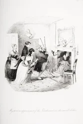 Tajemný vzhled gentlemana v malých šatech, ilustrace z „Nicholas Nickleby“ od Charlese Dickense (1812-70) vydaného 1839